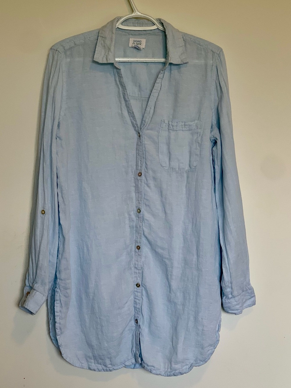 Sigrid Olsen 100% Linen Coastal Blue Button Up Tunic Shirt Dress Roll Tan Sleeve